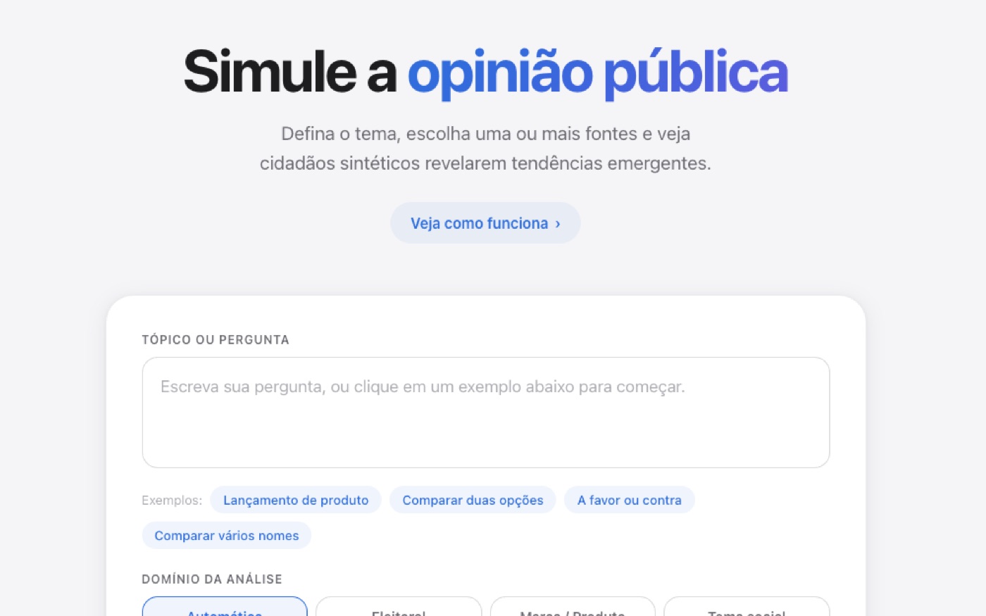 Tela do Torapredict para definir o tema e as fontes do estudo
